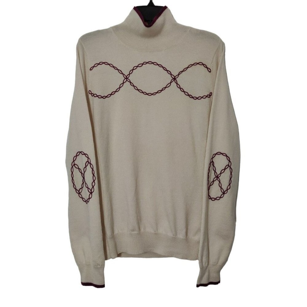 Athleta Cream Turtleneck Sweater with Maroon Chain Stitch Detail
